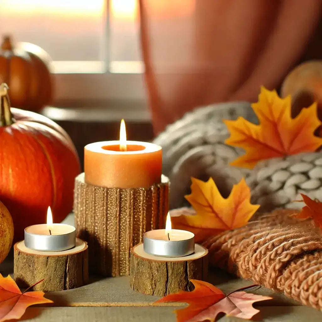 Cozy fall scene with lit candles, pumpkins, and autumn leaves, creating a warm atmosphere.