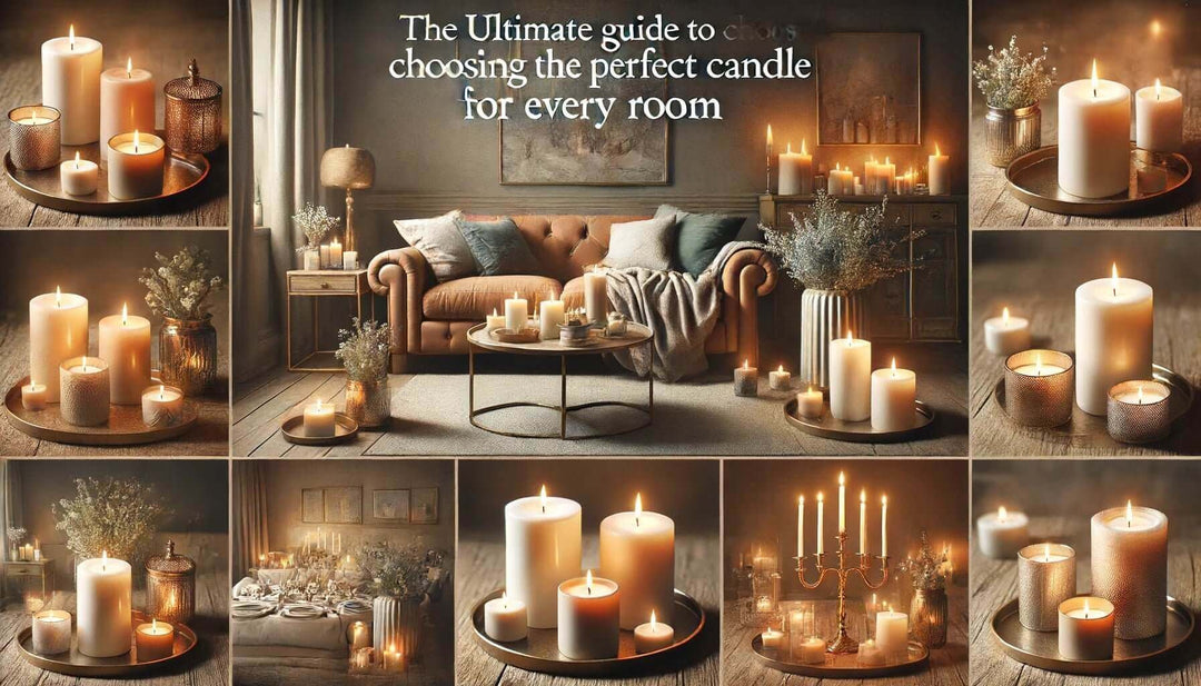 Collage of candles in various settings showcasing tips for selecting the perfect candle for every room.