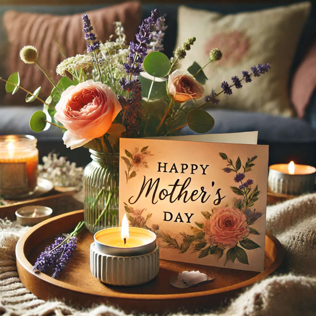 Happy Mother's Day card next to flowers and scented candles on a cozy table setting.