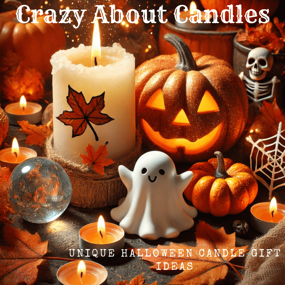 Colorful Halloween-themed candles, ghost figure, and pumpkins for unique gift ideas for spooky season lovers.