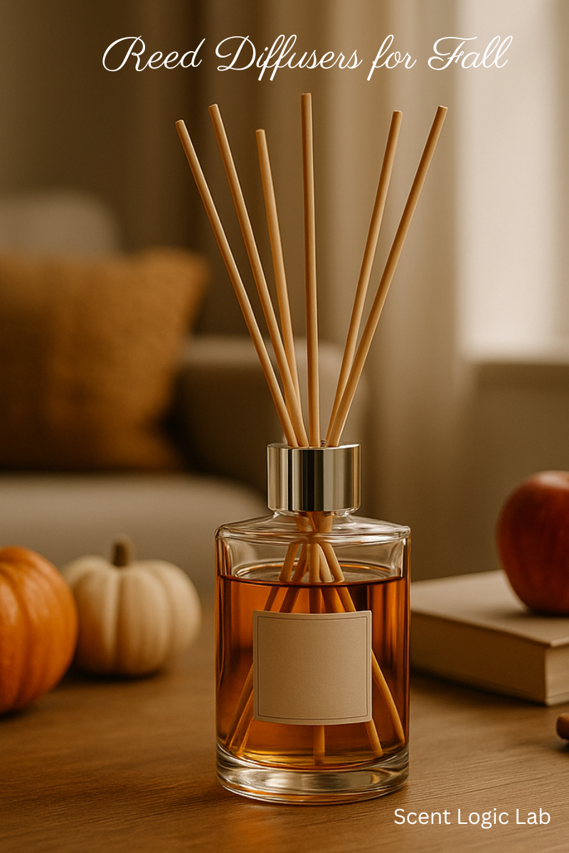 Stylish reed diffuser on a wooden table with fall decor, perfect for creating a cozy ambiance.