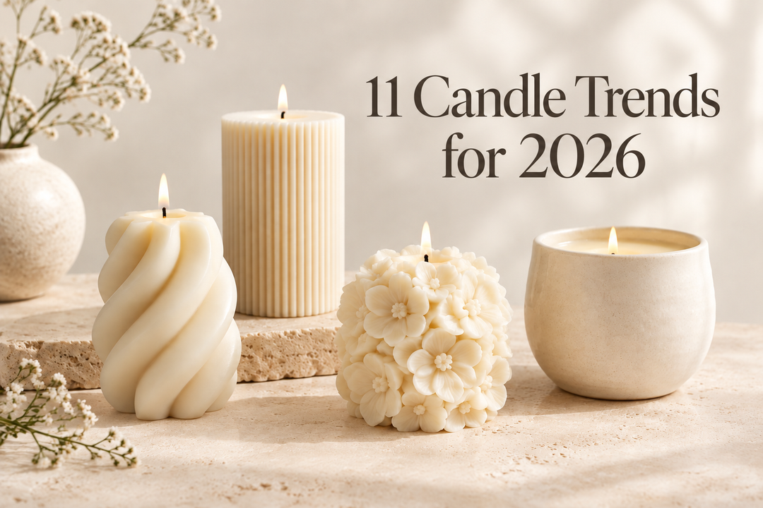 11 Candle Trends for 2026 title with sculptural, floral, pillar and vessel candles in a bright editorial setting