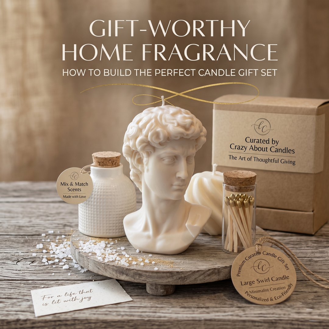 Artisan candle gift set with linen ribbon and dried botanicals on marble