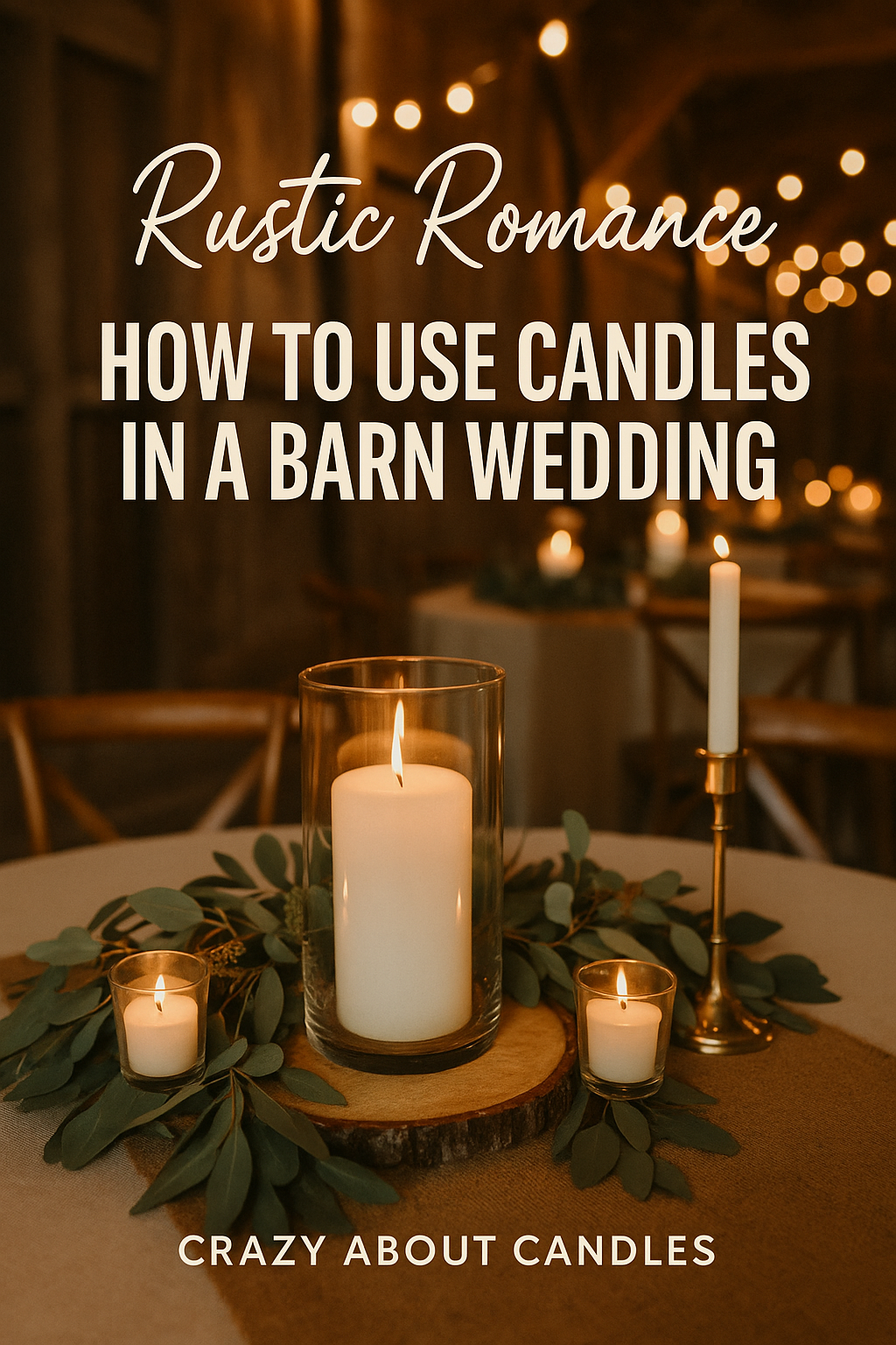 A beautifully decorated barn table featuring candles, greenery, and warm lighting for a rustic wedding ambiance.