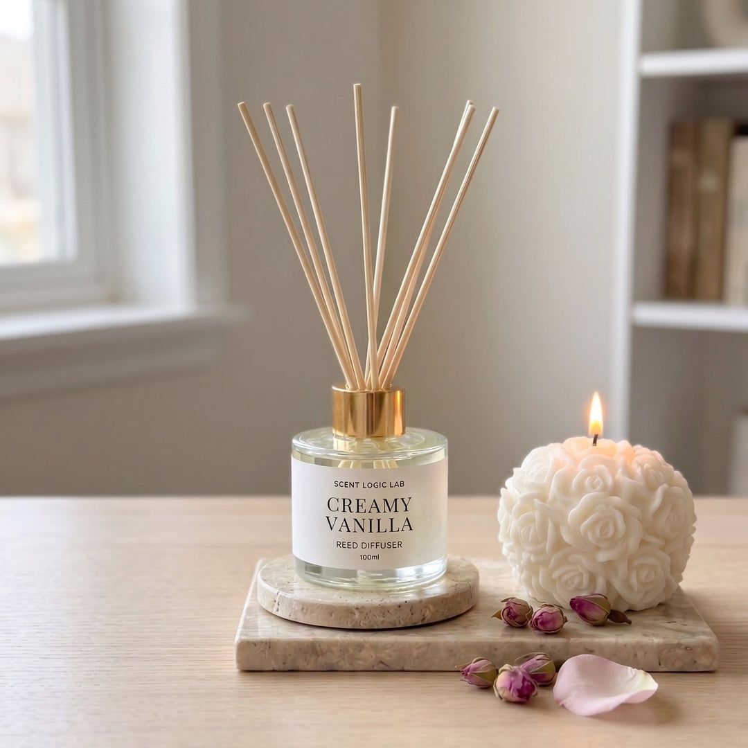 A glass reed diffuser bottle labeled &