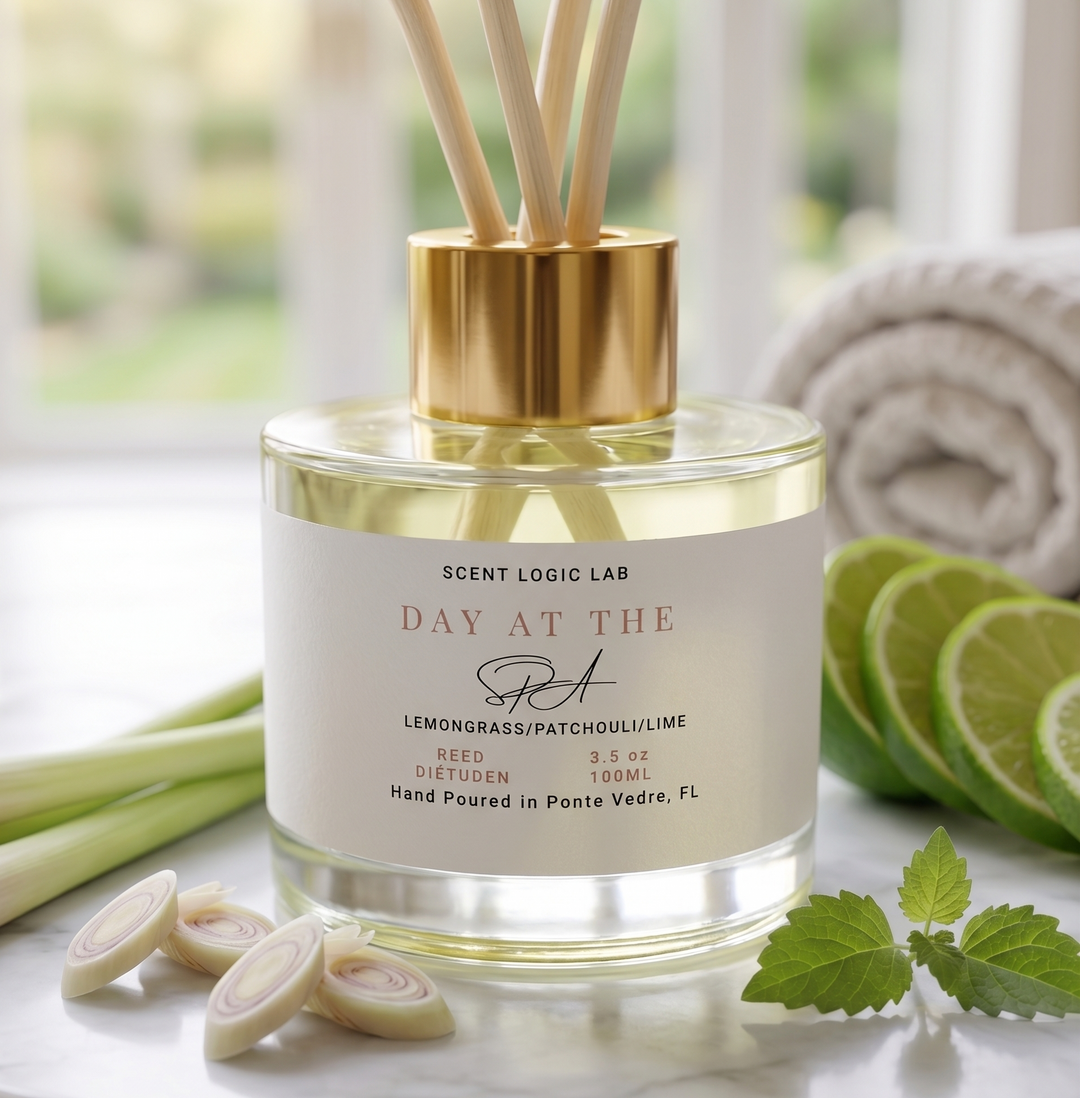 Day at the Spa Reed Diffuser 100ml detail view, artisan scented diffuser in glass bottle