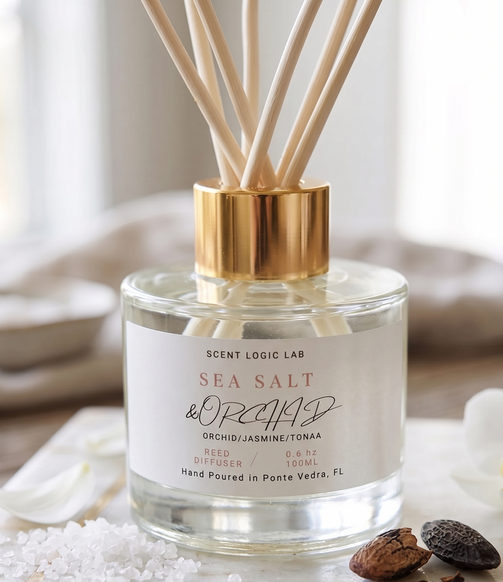 Sea Salt and Orchid Reed Diffuser 100ml detail view, artisan scented diffuser