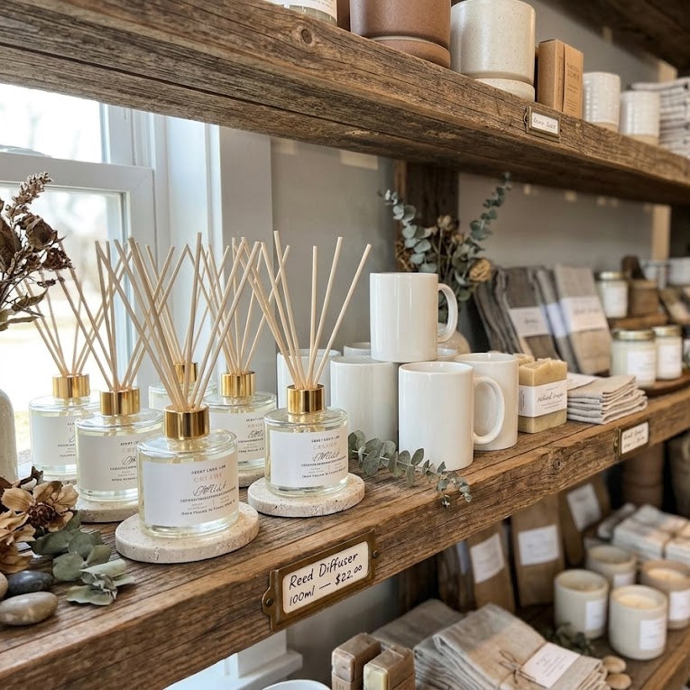 A retail display of home fragrance and ceramic goods on rustic wooden shelves, featuring clear glass reed diffusers with gold caps, white mugs, candles, and woven baskets in a softly lit shop interior.