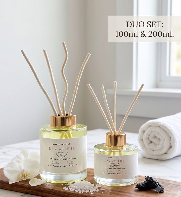 Day at the Spa Reed Diffuser set in 100ml and 200ml sizes, natural reeds in elegant glass bottles