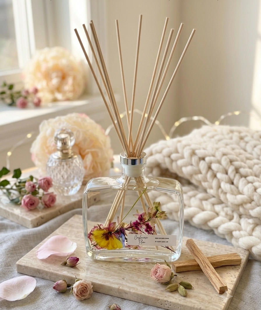 Reed diffuser with floral elements on a wooden board with flowers and a blanket in the background