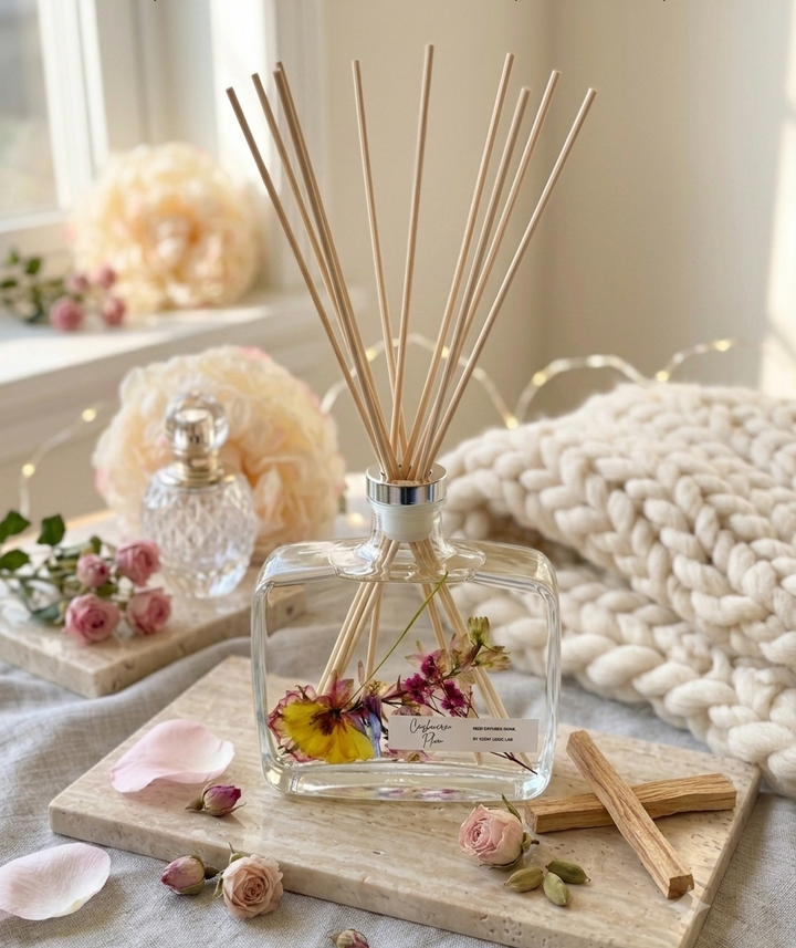 Reed diffuser with floral elements on a wooden board with flowers and a blanket in the background