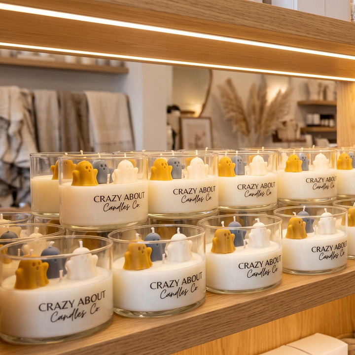 Multiple glass jar candles with white wax and gold wicks arranged on warm wooden shelves in a retail or home goods store setting.