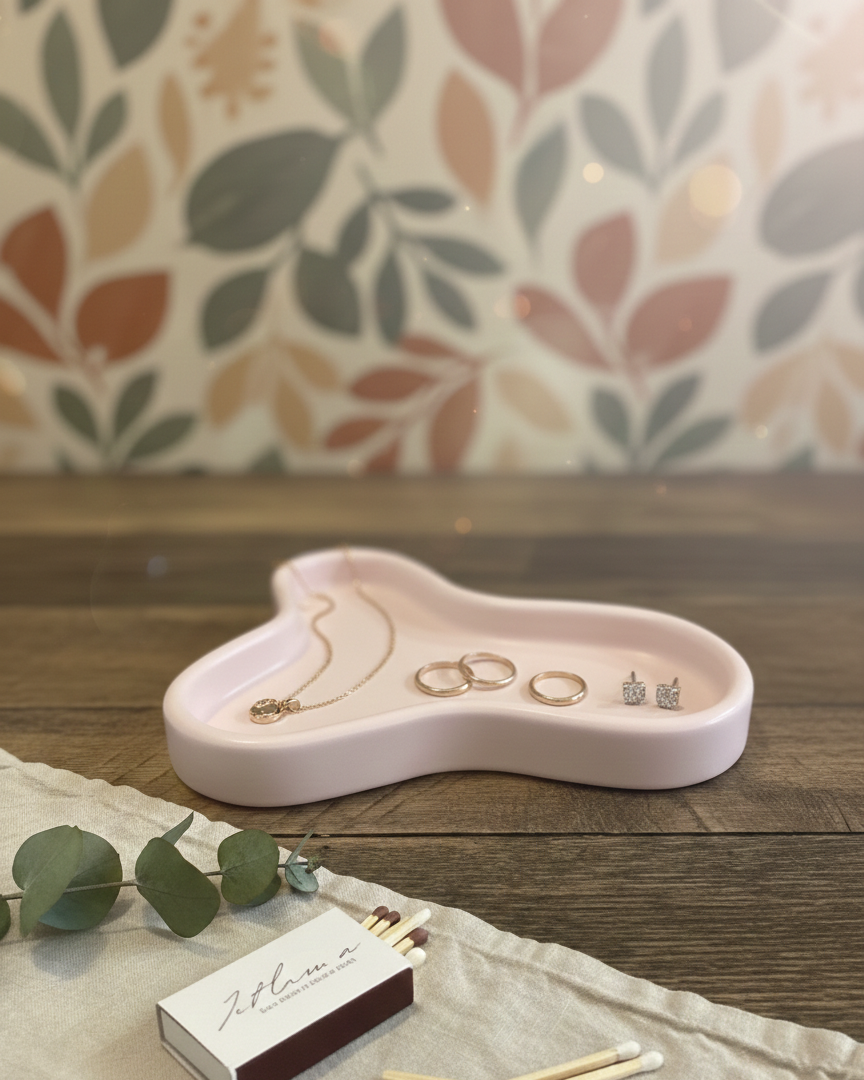 Jewelry organizer with rings and earrings on a wooden surface with a floral-patterned wall in the background.