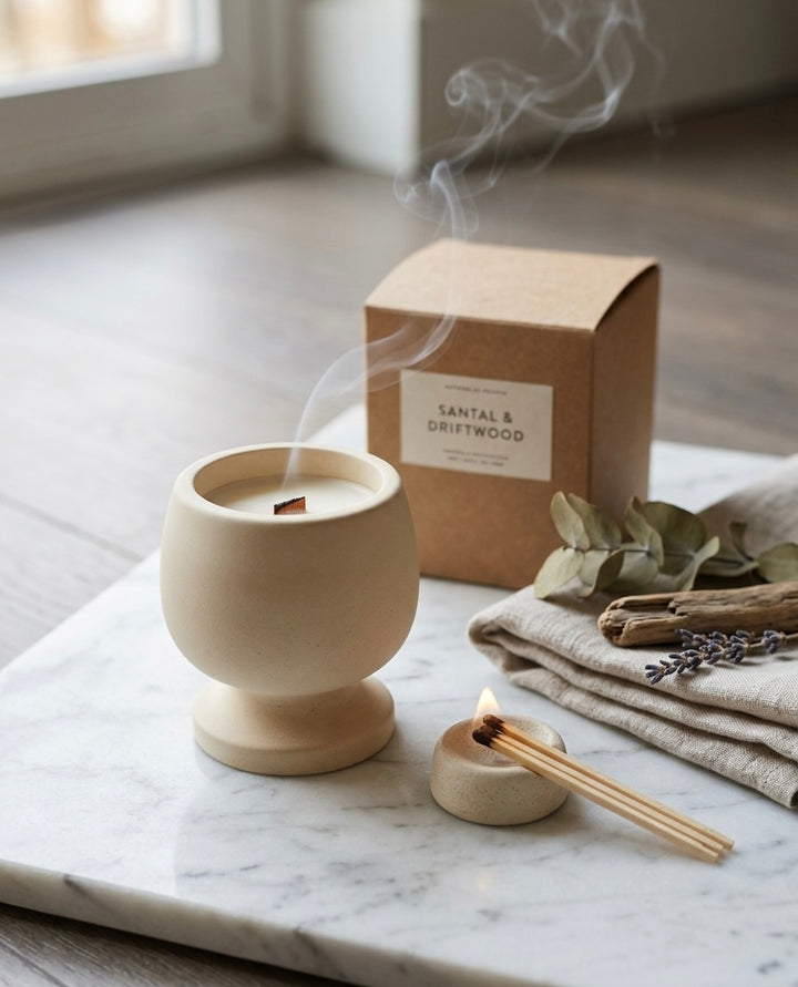 Jesmonite pedestal candle with crackling wood wick and soy wax in a handmade stone-like vessel