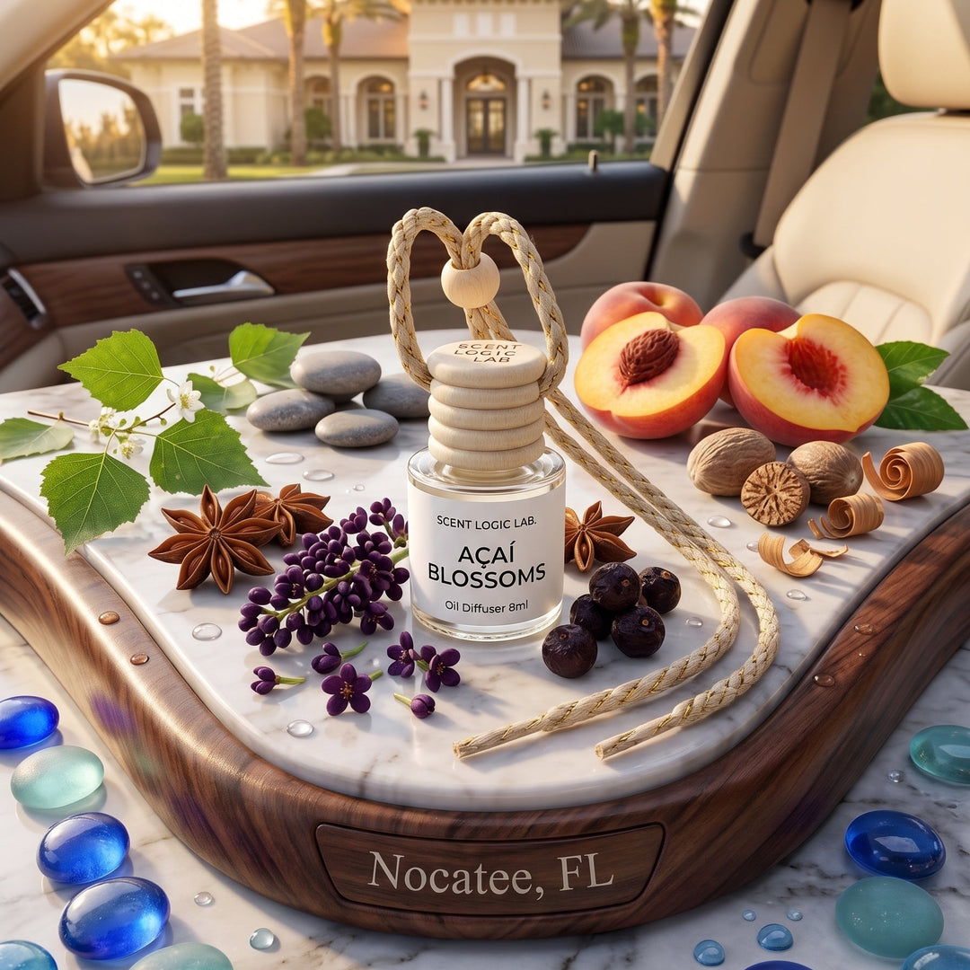 A car interior scene with a wooden and marble diffuser tray holding a small glass bottle labeled &