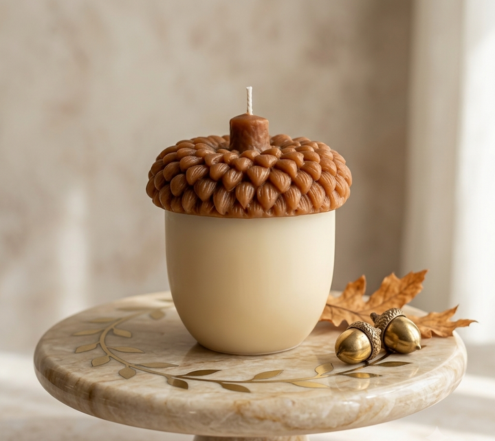 Acorn-shaped candle on a marble surface with a neutral background
