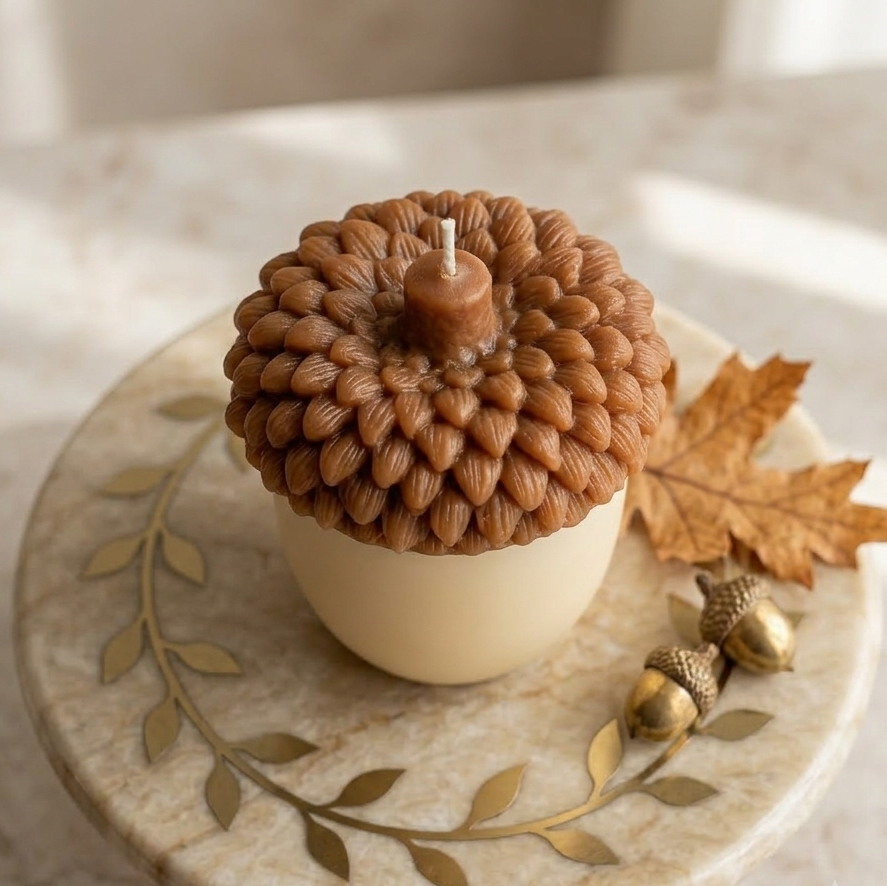 Decorative candle shaped like an acorn on a marble surface with leaves and acorns.