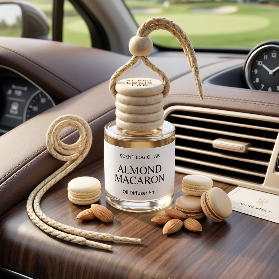 A Scent Logic Lab Almond Macaron oil diffuser bottle and matching hanging reed diffuser are styled on a car dashboard with macarons, almonds, and a small card. The background shows a blurred car interior and golf course.