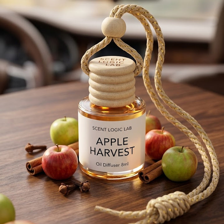 A glass oil diffuser bottle labeled &