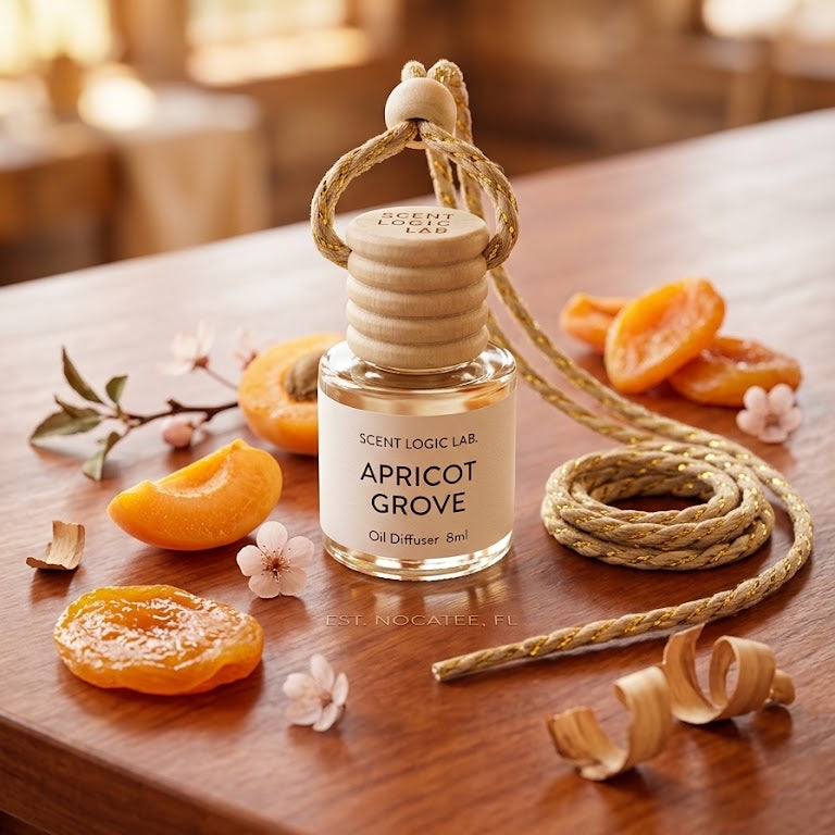 A glass reed diffuser bottle labeled 'SCENT LOGIC LABS APRICOT GROVE' sits on a wooden table surrounded by dried apricots, small white flowers, and a coiled natural-fiber reed stopper and rope in a warm, softly blurred indoor setting.