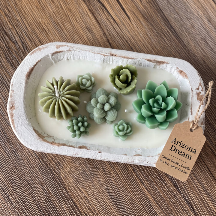 Arizona Dream Cactus Garden candle in white wooden bold. Hand made in the USA.
