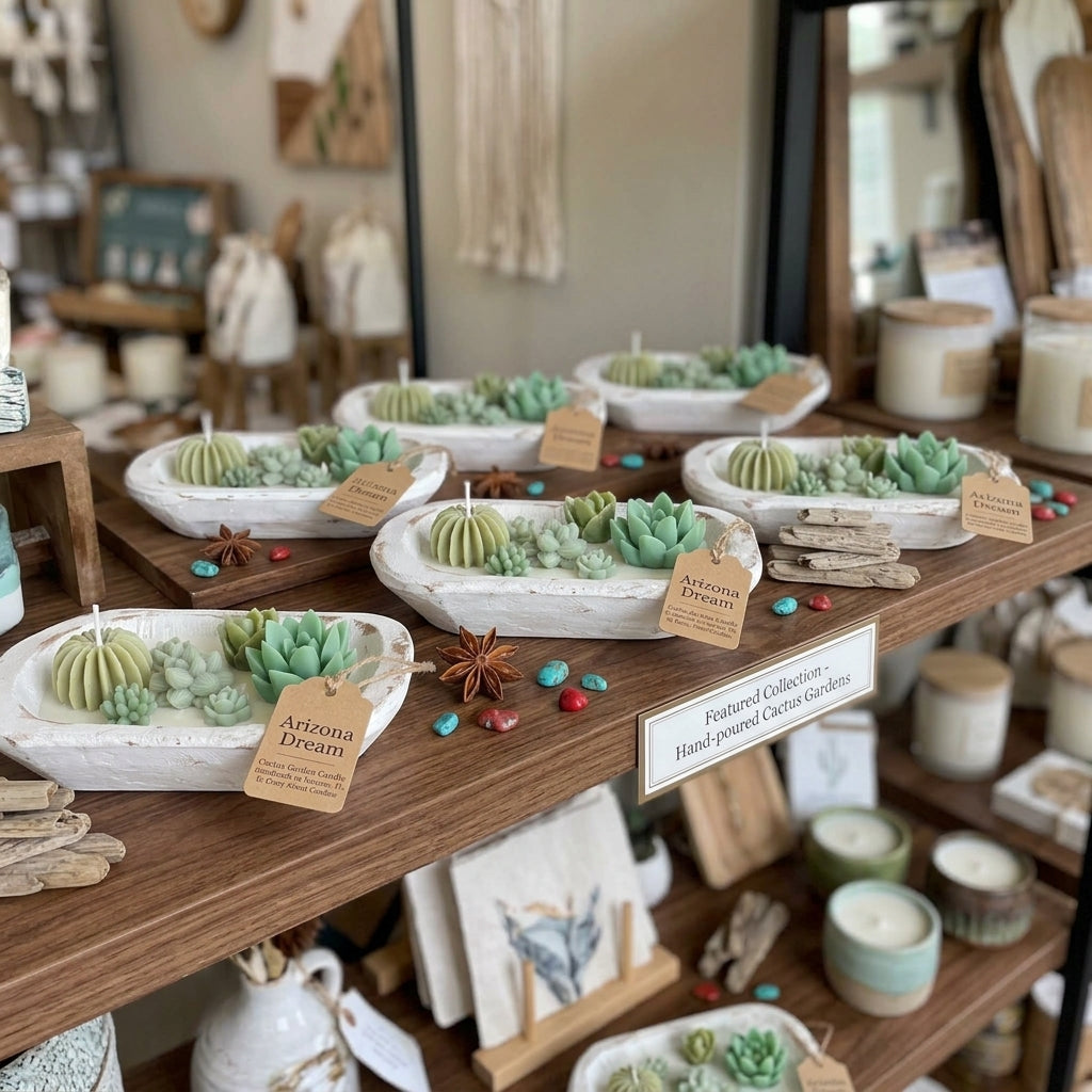 A styled retail display of hand-poured cotton candles in rustic white ceramic trays with faux succulent arrangements, labeled &