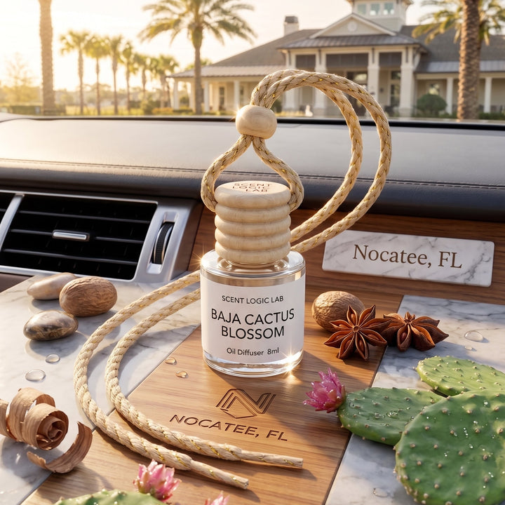 A glass oil diffuser bottle labeled &