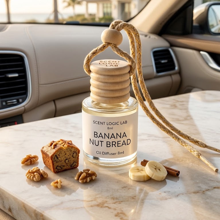 A Scent Logic Lab Banana Nut Bread oil diffuser bottle with a wooden top and rope hanger, styled on a marble surface inside a car with banana slices, walnuts, and a small loaf of bread nearby.