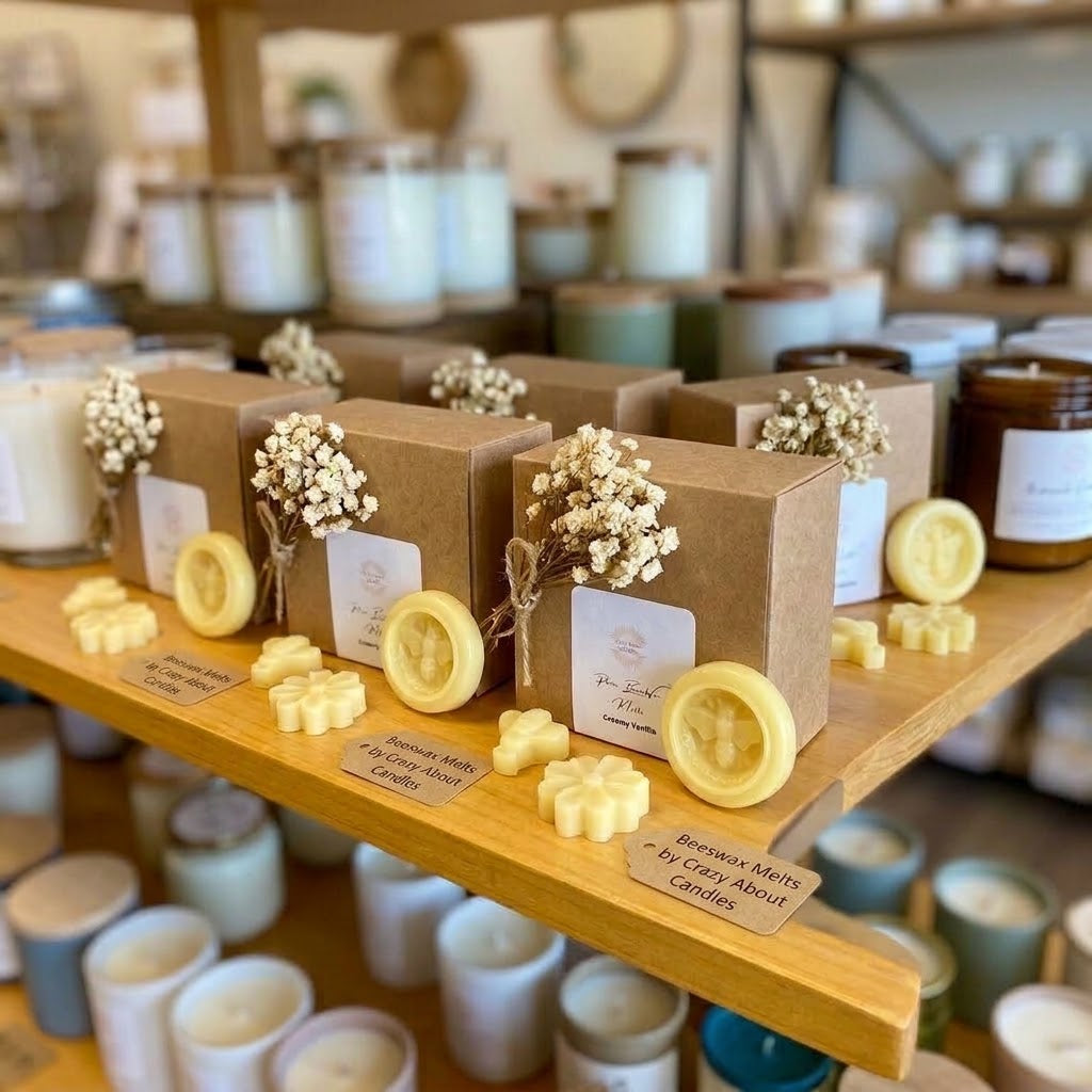 A wooden display shelf in a candle shop showcases several small brown kraft gift boxes with dried baby's breath flowers and labels, alongside yellow wax melts shaped like sunflowers and lemon slices. More candles are visible in the softly blurred background.