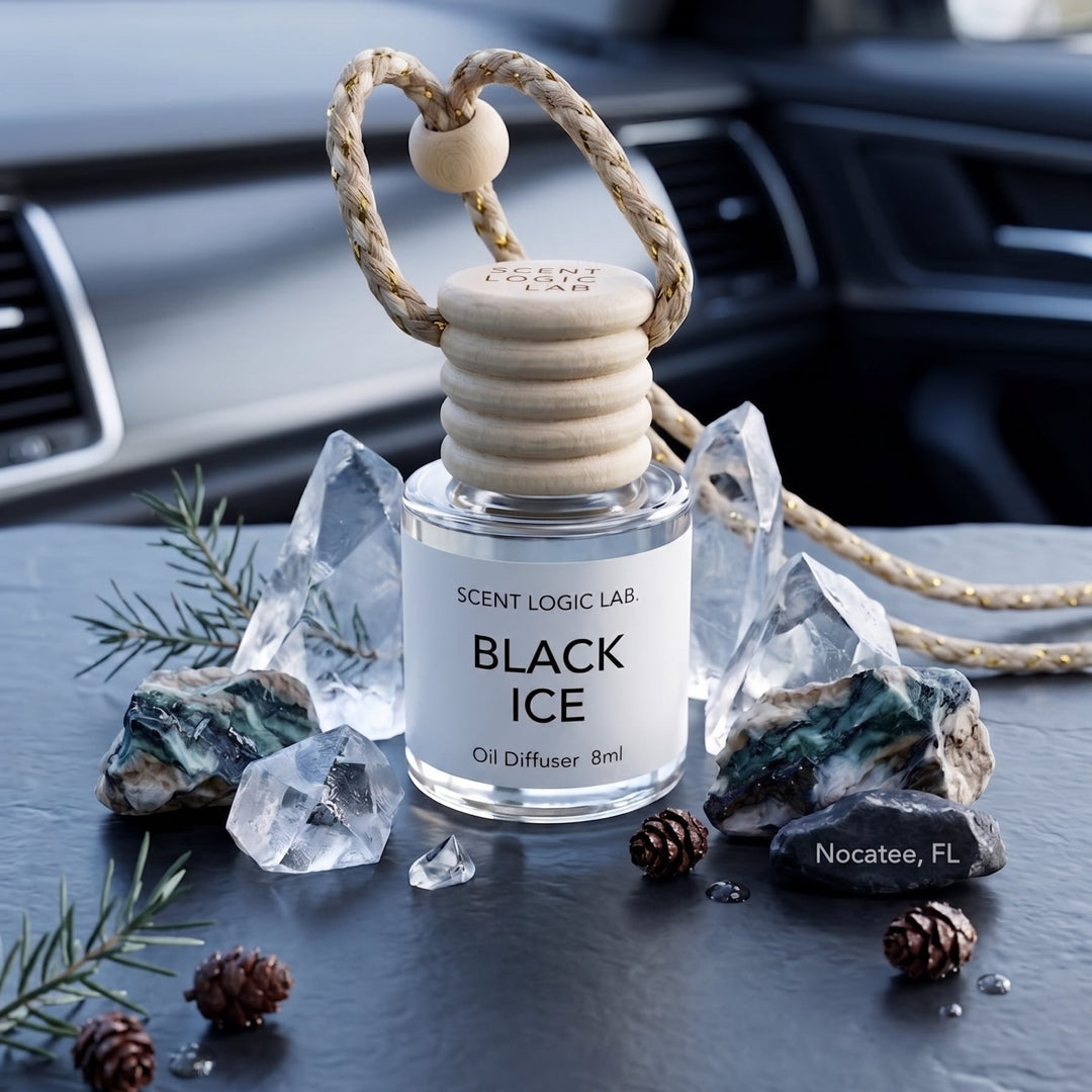 A clear glass oil diffuser bottle labeled &