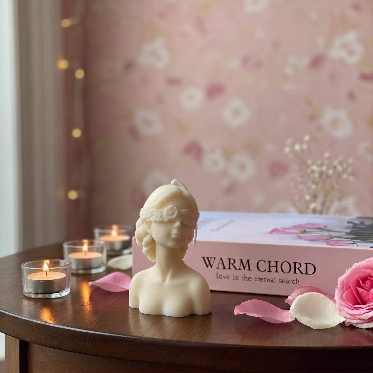 A cream-colored blindfolded woman bust candle sits on a dark wooden table next to a pink book titled 'WARM CHORD' and scattered pink rose petals, with lit tealight candles in the background against a pink floral wall.