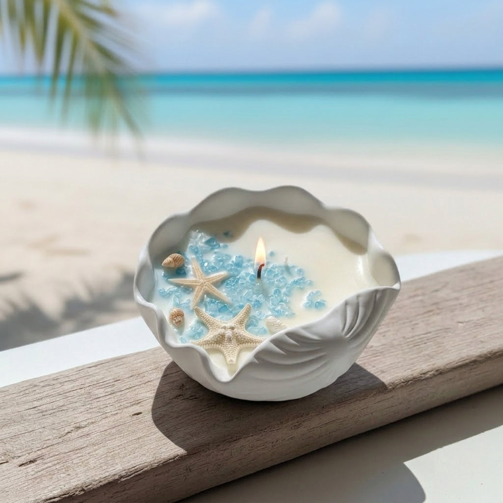 A shell-shaped candle with a white wax base, decorated with blue glass beads, starfish, and small seashells, shown lit on a wooden railing with a blurred beach background.