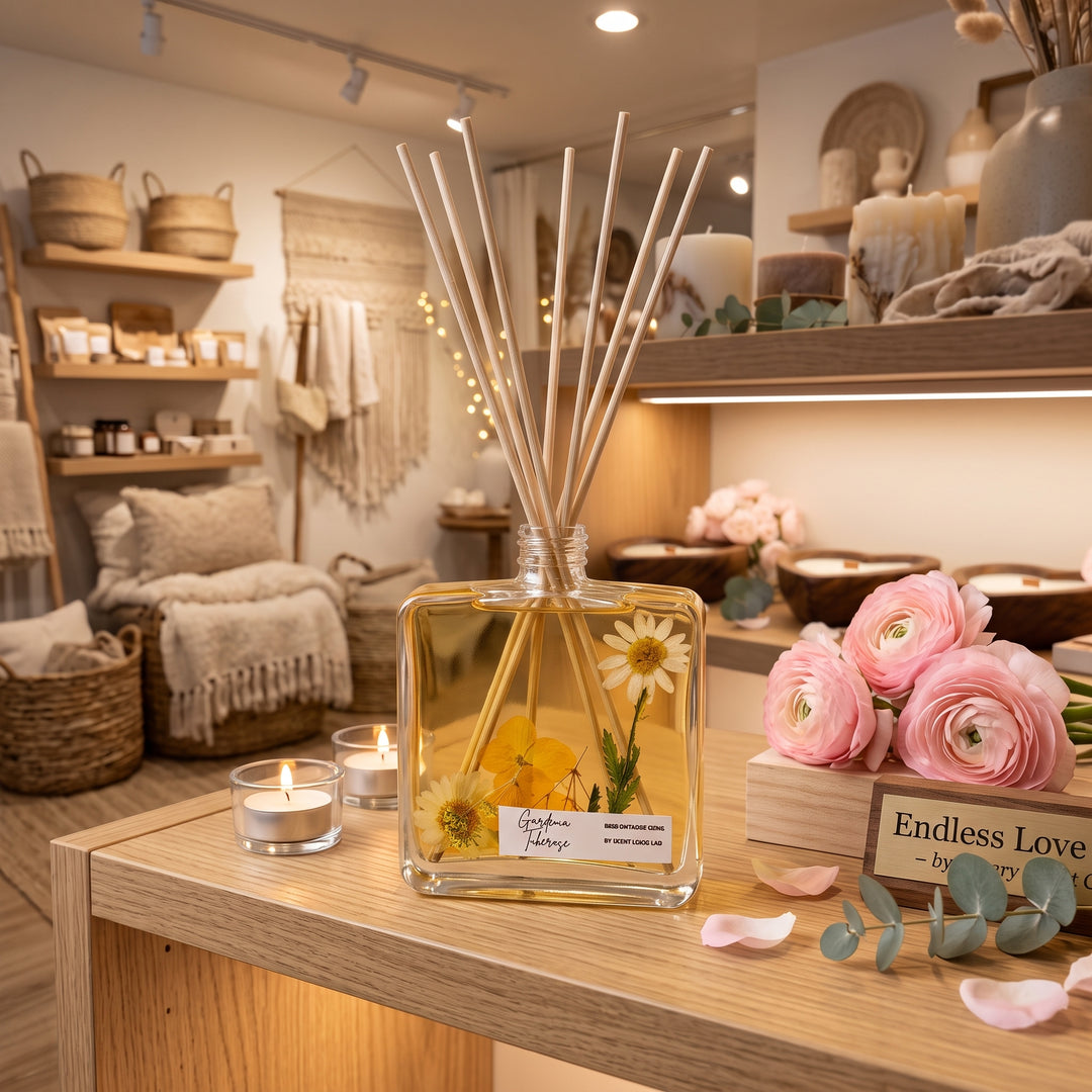 A glass reed diffuser bottle filled with yellow liquid and dried flowers, with several natural reeds standing upright, displayed on a wooden table in a warm, styled boutique interior. Pink ranunculus flowers, candles, woven baskets, and soft home decor are visible in the background.