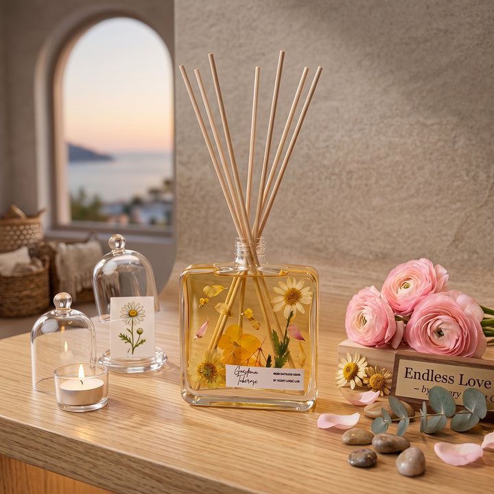 A reed diffuser bottle with wooden reeds stands on a wooden table in a styled interior. The clear square bottle contains amber-toned liquid with dried yellow flowers and pink petals.