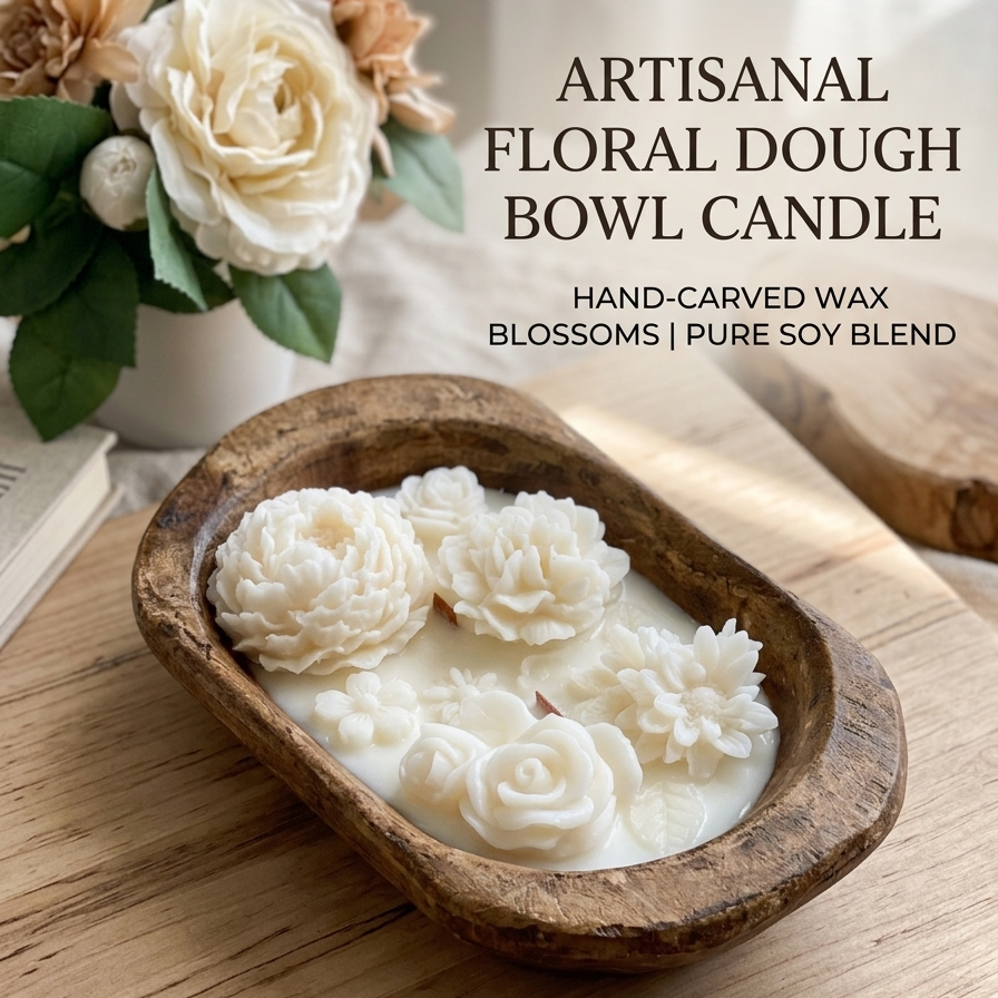Artisanal floral dough bowl candle with hand-carved wax blossoms on a wooden surface.