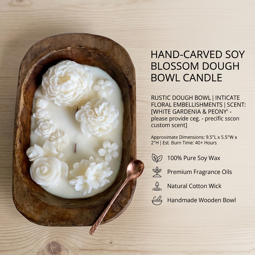 Hand-carved soy blossom dough bowl candle on a wooden surface with product details.
