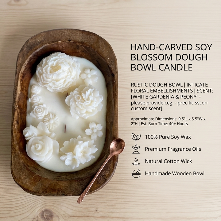 Hand-carved soy blossom dough bowl candle on a wooden surface with product details.