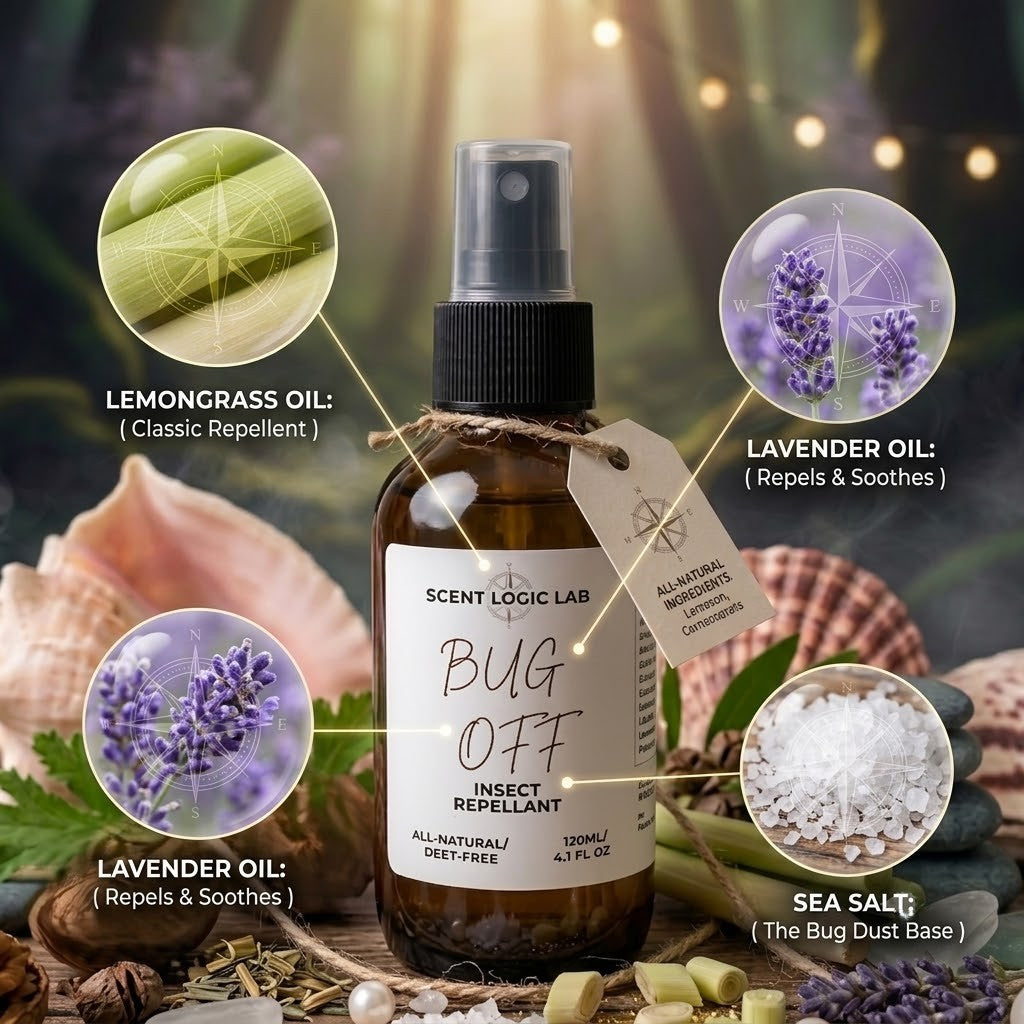 A bottle of Scent Logic Lab Bug Off Insect Repellent centered in a styled arrangement with seashells, dried herbs, and circular callout overlays showing lemongrass oil and lavender oil ingredients.