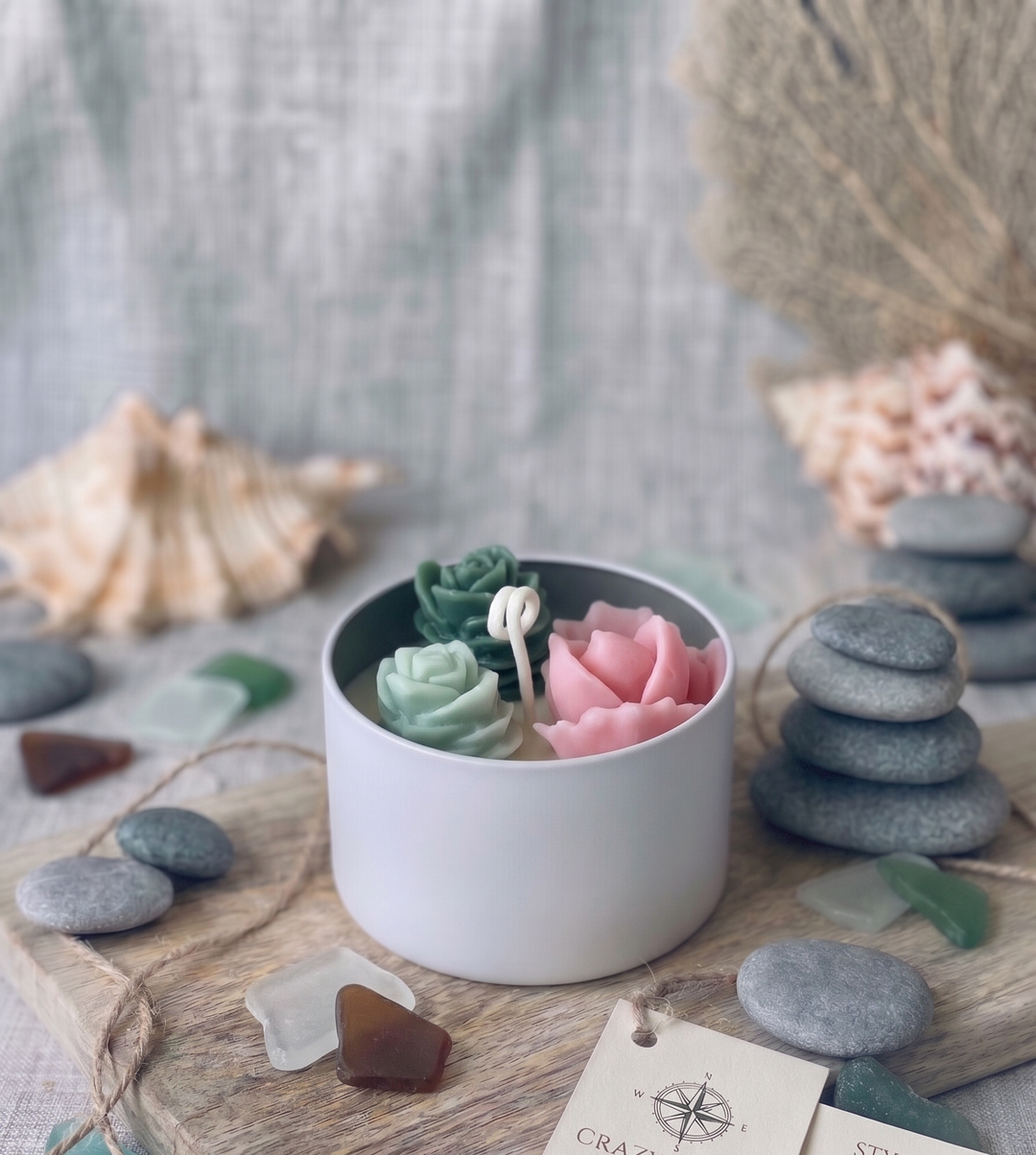 Cactus Jar Candle — Blush &amp; Teal Rosette Garden | Soy Wax, Handmade in USA