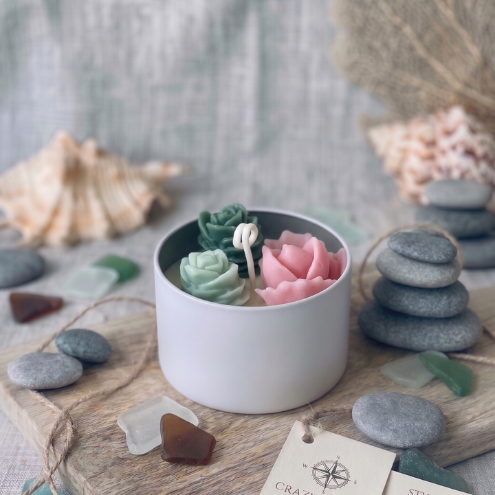 Ceramic pot with succulent plants and a pink flower on a wooden surface with seashells and stones.
