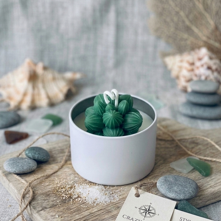 Candle shaped like a cactus in a pot on a wooden surface with seashells and stones.