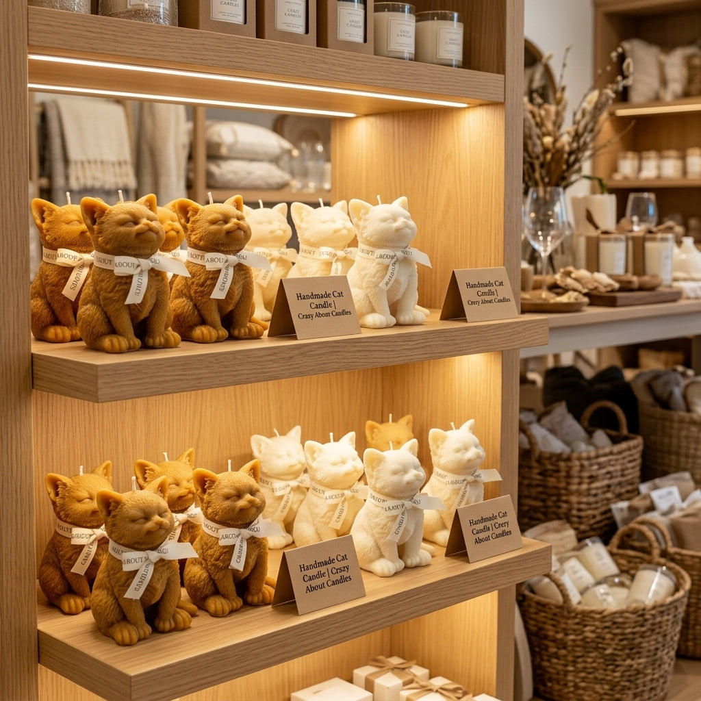Wooden display shelves in a boutique setting showcasing handcrafted cat-shaped candles in warm brown, beige, and cream colors, each tied with a white ribbon and labeled with small sign cards.