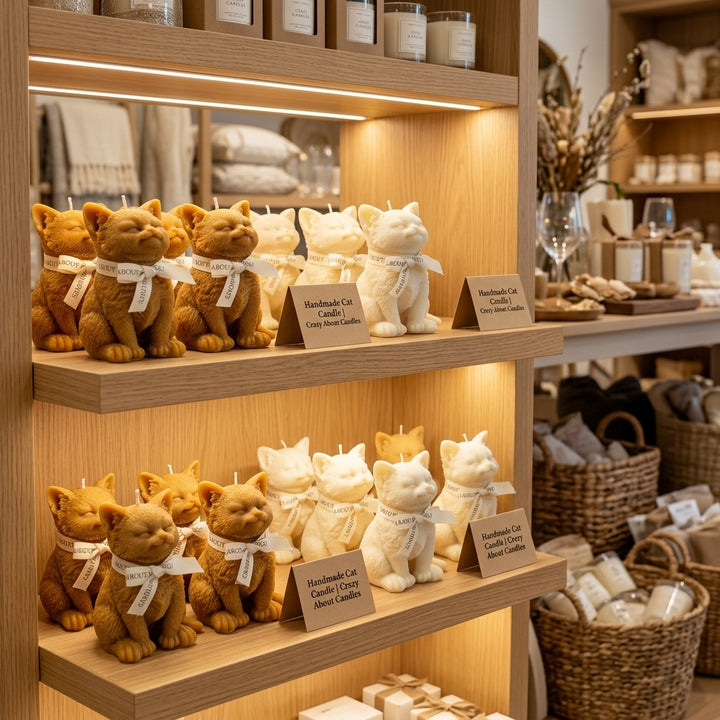 Wooden display shelves in a boutique setting showcasing handcrafted cat-shaped candles in warm brown, beige, and cream colors, each tied with a white ribbon and labeled with small sign cards.