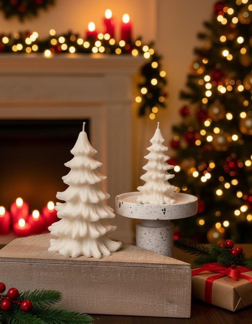 Christmas Cedar Tree Candle Small White – Hand-Poured 100% Soy Wax, 4"H×2"W, Fraser Fir & White Birch Scents, Handcrafted in USA