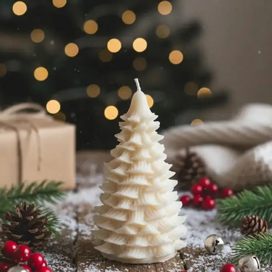 A white, tiered Christmas tree candle stands on a rustic wooden surface surrounded by holiday decorations, including pine branches, red berries, pinecones, silver bells, and a soft beige knit blanket, with a blurred Christmas tree and warm string lights in the background.