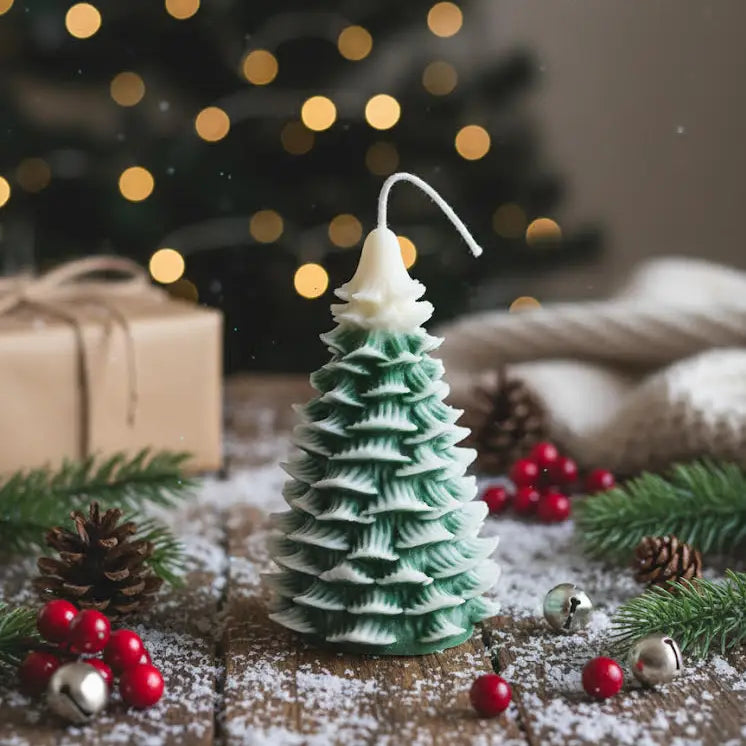 A decorative Christmas tree-shaped candle with layered green and white tiers and a white wick, styled on a rustic wooden surface with pine branches, red berries, pinecones, and a blurred holiday background.