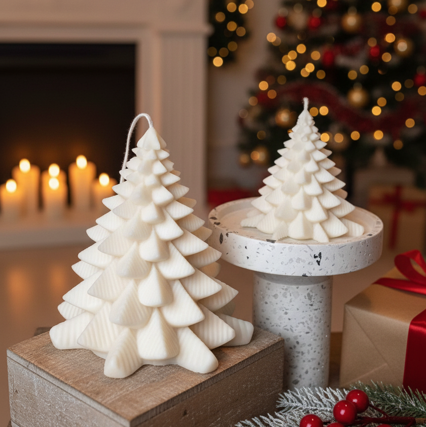 Christmas Fir Tree Candle Large White – 5"H×4"W Soy Wax Evergreen Sculpture, Eucalyptus &amp; Spear Scent, Festive Holiday Décor