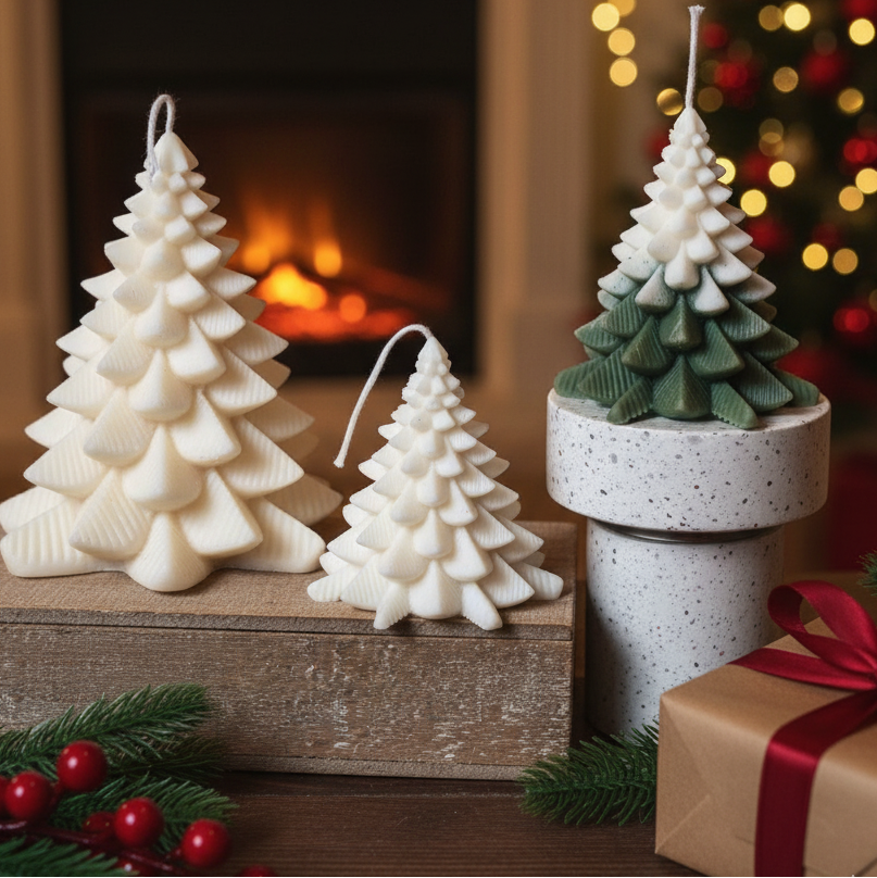 Christmas Fir Tree Candle Small White and large snow topped Fir Tree Candle