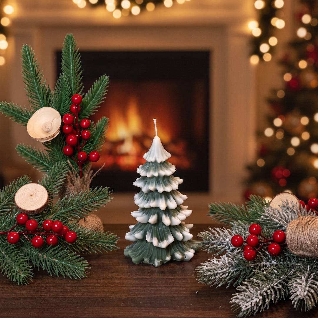 A small Christmas tree-shaped candle sits on a wooden table between holiday garlands with red berries and snow-dusted pine branches, with a blurred fireplace and decorated tree in the background.