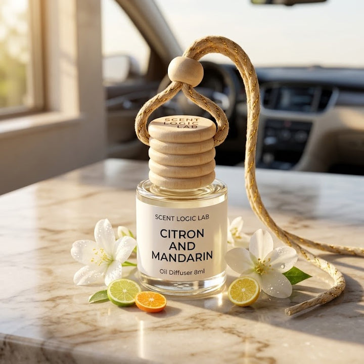 A clear glass car air freshener bottle labeled &